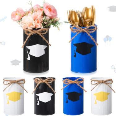 Imagem de Domensi 6 peças de centro de mesa de formatura vasos de metal galvanizado graduado para flores artificiais boné de formatura vaso de estanho decoração de utensílios para cozinha, casa, parabéns