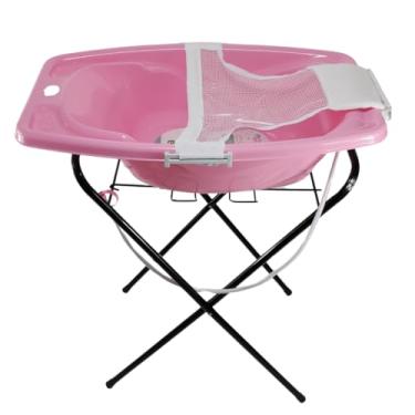 Imagem de BANHEIRA PARA BEBÊ 25 LITROS COM VÁLVULA SUPORTE E REDE ROSA AZUL BRANCA (Rosa + Suporte Preto)
