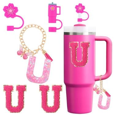 Imagem de QUNNDY Conjunto de acessórios para copo Stanley Cup 850.5 g 1,134.0 g copo com alça, incluindo tampa de cobertura de palha de silicone, pingente de alça, adesivo de iniciais fúcsia (U)