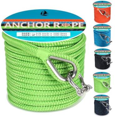 Imagem de Corda de âncora 30 pés 1/5.1 cm, linha de âncora trançada dupla com dedal e grilhão de aço inoxidável 316, corda de âncora de barco ideal para reboque, amarração, deck, ancoragem, barcos de até 90 cm