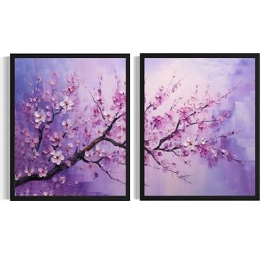 Imagem de Impressão de pôster de arte de parede de flor de cerejeira roxa, pintura de paisagem floral de paisagem, (conjunto de 2) decoração para sala de estar, quarto, banheiro AA35 (flor de cerejeira roxa, 20