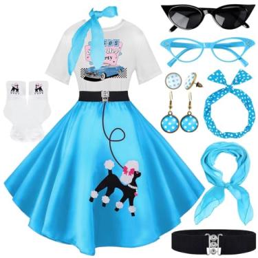 Imagem de 10 peças de roupas femininas, saias poodle dos anos 50, camiseta com acessórios dos anos 50, meias, cachecol, faixa de cabeça, brinco de cinto, Azul-sockhop, Small