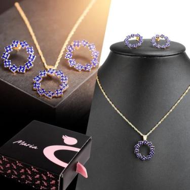 Imagem de Kit Feminino Colar E brinco Dourado Strass azul KCBAS - Orizom