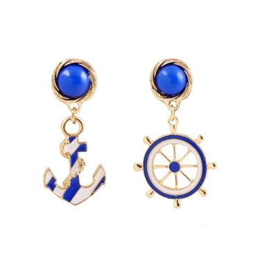 Imagem de Leeniuniu Brincos de ancoragem náutica azul e branco com pingente de leme estilosos de barco a vento azul-marinho para mulheres, joias de festa, Large, Metal, Sem pedra preciosa
