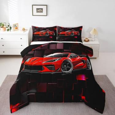 Imagem de Erosebridal Jogo de cama King com estampa de carro esportivo vermelho, para meninos, tema de esportes radicais, corrida, preto, vermelho, geométrico, quadrado, 3 peças, decoração de cama