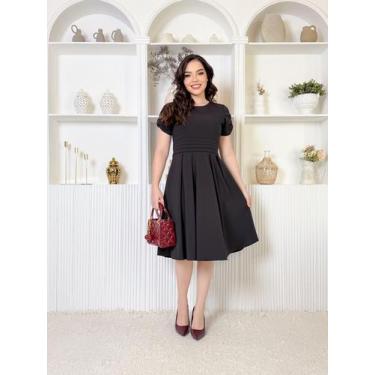 Imagem de Vestido Feminino Adulto Alfaiataria Gola Redonda Saia Plissada Clássic