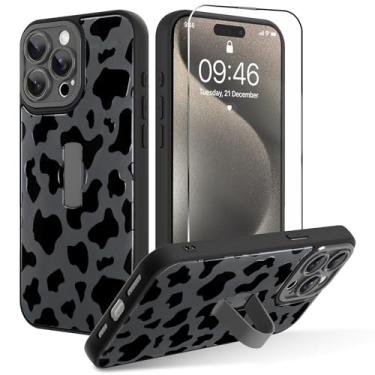 Imagem de OOK Capa para iPhone 15 Pro com protetor de tela, linda estampa de vaca com alça de dedo ajustável, proteção total para mulheres e homens, capa de telefone - preta