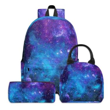 Imagem de 3 peças de mochila para meninos e meninas, conjunto de mochila com lancheira, estojo de lápis para crianças, adolescentes, ensino fundamental e médio, Galáxia, Large, Escola