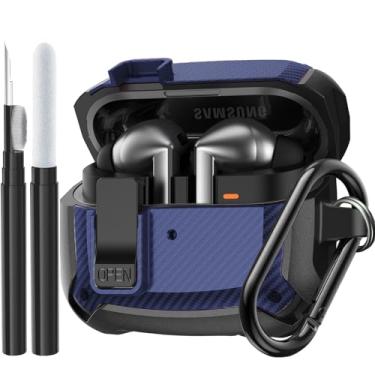 Imagem de Capa compatível com Samsung Galaxy Buds 3 Pro/Bud 3 com kit de limpeza, capa protetora militar com trava e mosquetão para Galaxy Buds 3/3 Pro 2024 masculino feminino preto azul