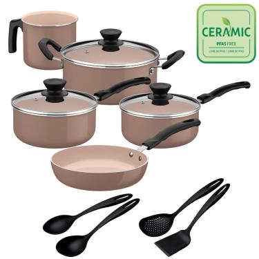 Imagem de Jogo de Panelas com Utensílios Tramontina Revestimento Cerâmico 9 Peças Évora cor Capuccino