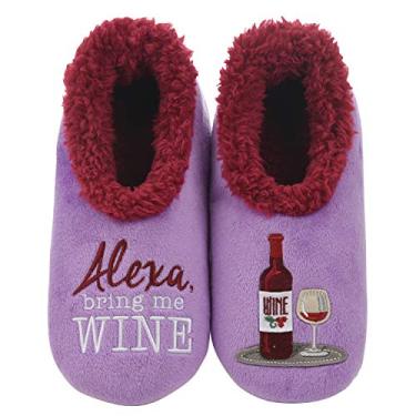 Imagem de Snoozies Par de meias femininas forradas com sherpa – Pantufas felpudas e fofas com sola antiderrapante – Pantufas femininas quentes, Alexa Bring Me Wine, Large