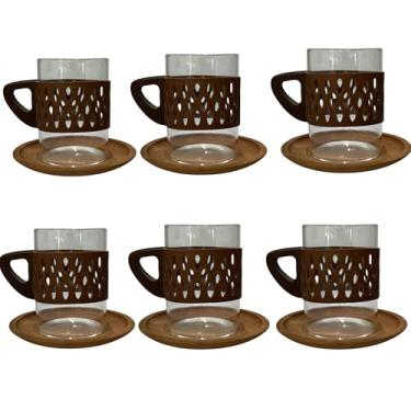 Imagem de Jogo de 6 Xícaras de Vidro Borossilicato com Alça e Pires em Bambu, Marrom, Decorativo, Resistente ao Calor, Conjunto de Copos Luxo, para Café, Chá, Bebidas (Marrom)