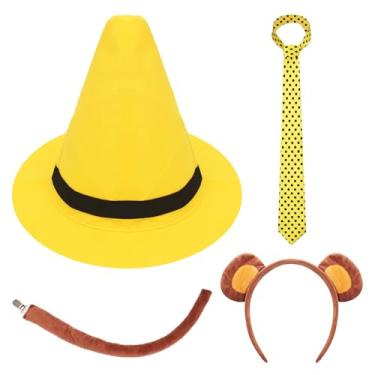 Imagem de Benwanfee Conjunto de fantasia de casal de Halloween para adultos, amarelo com chapéu Derby, gravata preta de bolinhas, faixa de cabeça de macaco e cauda para acessórios de fantasia de Halloween