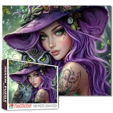 Imagem de Quebra-cabeça de bruxa e coruja de 1000 peças para adultos, quebra-cabeça de bruxa de cabelo roxo, atividade familiar desafiadora, perfeito para noites de jogos, lindo quebra-cabeça de bruxa, arte de