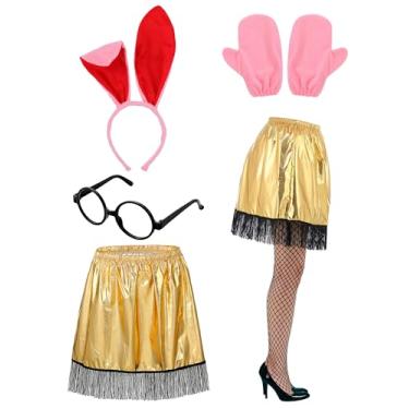 Imagem de Jecery 5 peças de acessórios de fantasia de coelho e abajur de filme de Natal, saias, luvas, óculos, meias arrastão para cosplay, Rosa, ouro, Large
