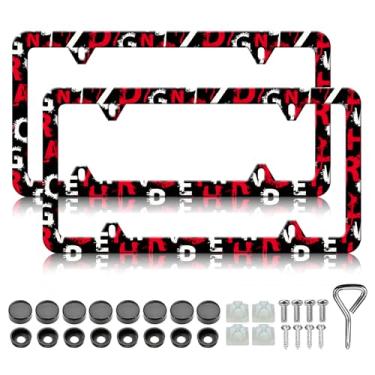 Imagem de Moldura de placa de licença com letras - 2 peças de suporte de placa de licença de metal de alumínio com letras brancas e vermelhas, à prova de ferrugem, à prova de ferrugem, molduras decorativas de