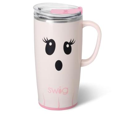Imagem de Swig Life Caneca de viagem de 623 g, copo isolado com alça e tampa, caneca de café de viagem, compatível com porta-copos, copo de aço inoxidável de 623 g, reutilizável isolado com tampa (Boo Crew