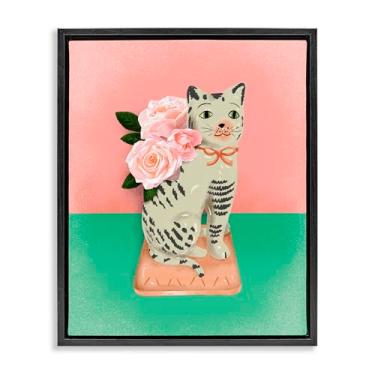 Imagem de Stupell Industries Escultura vintage de gato rosa e verde preto emoldurado em tela flutuante design de arte de parede por Jilly Jack Designs, 21 x 17