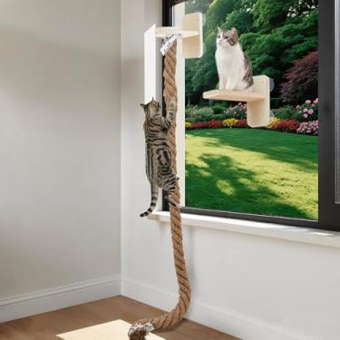 Imagem de Weysat Corda de escalada para gatos, 2 peças, poleiro de janela com corda de escalada de 150 cm, brinquedo de torre de árvore de gato com poste de arranhão, plataforma de salto de gatinho, degraus de