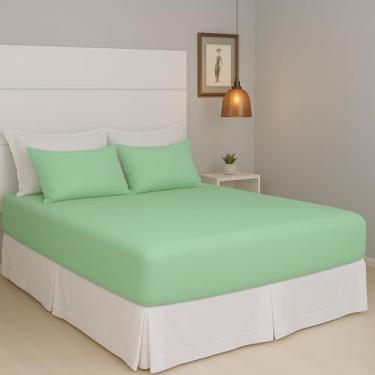 Imagem de Jogo de Lençol Cama Casal Pérola Liso 3 Peças COZZILAR Verde Bebê 100% Algodão com Elástico e Toque Macio