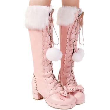 Imagem de Botas De Cano Alto Para Estudantes Mulheres Lolita Botas Longas Botas Bonitas Com Laço Botas De Neve Quente De Inverno Com Bola De Cabelo Mulheres Pu Sapatos De Festa De Couro Com, Pink, 6.5 UK