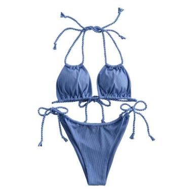 Imagem de Biquíni ZAFUL Triangle Halter de 2 peças azul de corte alto para mulhe
