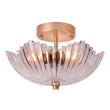 Imagem de Luminária de teto de montagem semi-embutida, lâmpada recortada vintage com iluminação de sombra de vidro transparente para cozinha, quarto, corredor, sala de estar, corredor, perto do teto