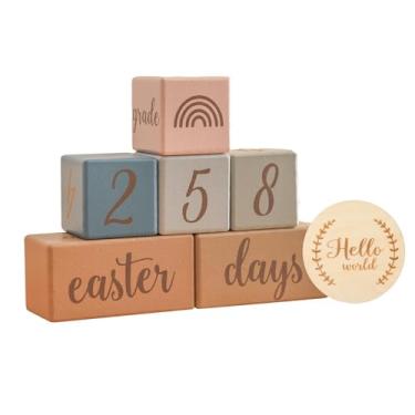 Imagem de YIJU Conjunto de blocos de marco, acessórios para fotos, lembranças criativas da semana, mês, ano, chá de bebê, recém-nascido, discos de madeira, memórias, Azul