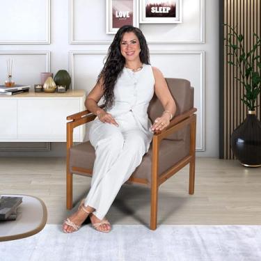 Imagem de Poltrona Decorativa Montreal Linho Para Sala Pés De Madeira Casa Imperial (MARROM)