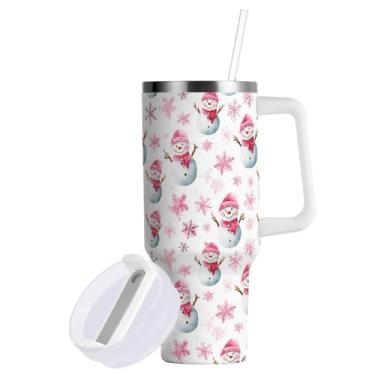 Imagem de Boccsty Copos isolados de boneco de neve rosa de Natal, floco de neve, reutilizável, copo de aço inoxidável, copo de 1,134 g, caneca de viagem, garrafa de água com alça e canudo dobrável para