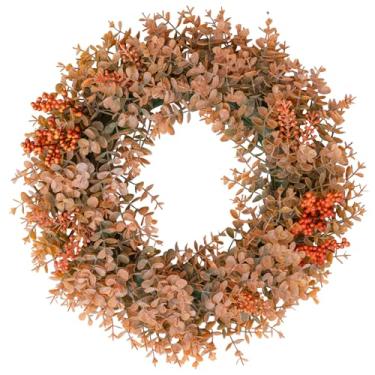 Imagem de Guirlanda de outono de eucalipto para porta da frente de 38 cm, guirlanda de folhas de outono feita à mão para outono, guirlanda floral para casa de fazenda para parede e ambientes externos