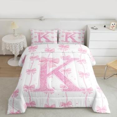 Imagem de Feelyou Conjunto de edredom com laço rosa, tamanho solteiro, letras individuais, K, para crianças, meninos, meninas, edredom com laço bonito, rosa, branco, para decoração de quarto de microfibra, 2