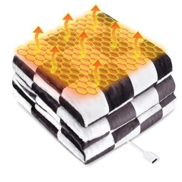 Imagem de Cobertor aquecido alimentado por USB tipo C para mulheres, 127 x 152 cm, 9 V, 18 W, cobertor de aquecimento elétrico portátil preto e branco com 3 configurações de calor, cobertores de aquecimento de