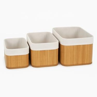 Imagem de Conjunto de 3 Cestos Organizadores em Rattan, Natural, Multiuso com Forro Removível, para Banheiro, Cozinha e Quarto Bambu