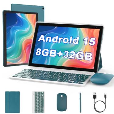 Imagem de Tablet Android 15 de 10 polegadas, tablet 2 em 1 com teclado. 8 GB de RAM + 32 GB de ROM, suporte a tablets expansíveis de 1 TB, CPU Quad-Core, tela HD, BT, WiFi, tablets de longa duração da bateria