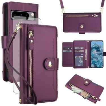 Imagem de Asuwish Capa de celular para Google Pixel 8 Pro 5G com zíper carteira, com protetor de tela de vidro temperado e alça transversal, suporte para cartão de crédito Pixel8Pro Pixel8 XL Eight 8Pro