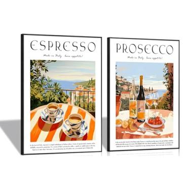 Imagem de Arte de parede vintage café e coquetel moldura preta bar cozinha decoração de parede retrô comida e bebida imagem impressão de pôster expresso e prosecco arte para sala de jantar Kicthen bar decoração