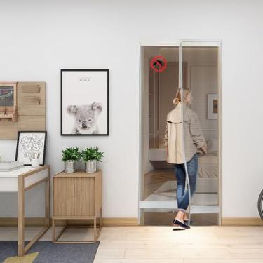 Imagem de Cortina de porta de plástico com isolamento magnético e 3 trilhos para deslizar livremente e alternar, evita que o ar frio/calor CA escape, adequado para pátio/varanda. Tamanho da tela: 90 cm x 200 cm