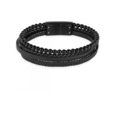 Imagem de Bracelete Rosso Couro Preto Fio Trançado Shambala Onix Liso