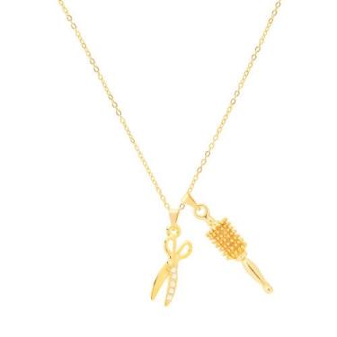 Imagem de Colar Profissão Cabelereira Tesoura Escova Folheado Ouro 18k - Milena 