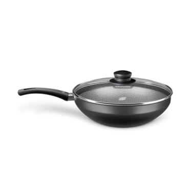 Imagem de MTA - Panela Wok em Alumínio Antiaderente com Tampa de Vidro, Capacidade de 4,3L, nº 28, Cor Grafite, Linha Flora.