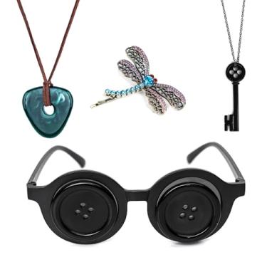 Imagem de Coraline Conjunto de colar de chave de óculos de botão, colar de esmeralda, libélula, grampo de cabelo, Standard, Poliéster