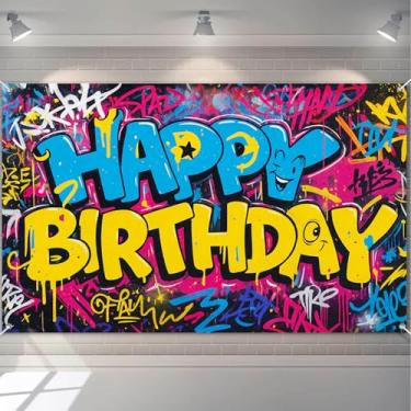 Imagem de HOMETITUTE Faixa de Feliz Aniversário Graffiti Colorida Arte de Rua Pintura em Spray Letras de Desenho Animado Estilo Neon Urbano Decoração de Eventos de Férias Faixa de Aniversário Festa Interior