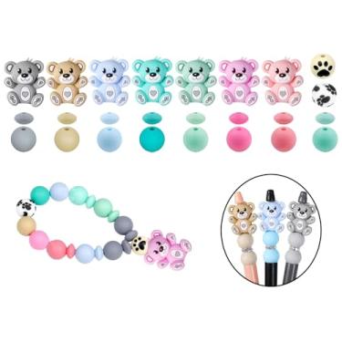 Imagem de 105 contas de silicone de urso 12 mm lentilha 15 mm contas redondas em massa rosa verde silicone contas focais animal urso borracha artesanato diy contas espaçadoras soltas para canetas, chaveiro