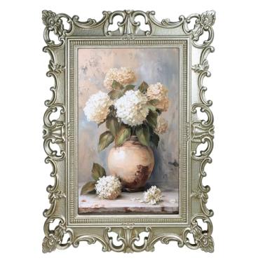 Imagem de XIAOAIKA Arte de parede de vaso de hortênsia acabada à mão, estampa floral vintage com moldura de madeira prateada envelhecida, estilo de pintura a óleo vertical para sala de estar, quarto, banheiro