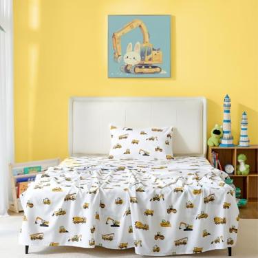 Imagem de Jogo de lençol de cama solteiro de 3 peças da Coukouchyi, macio e respirável infantil com elástico e lençol de cima para meninos com bolso profundo, carros de construção