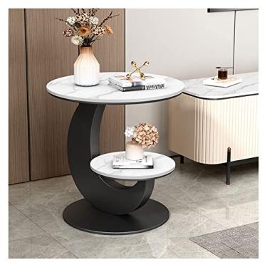 Imagem de Mesa de centro de design simples, mesa lateral redonda com moldura de metal, mesa de cabeceira de destaque com prateleiras de 2 camadas, mesa pequena para sala de estar, quarto, sofá, mesa de centro