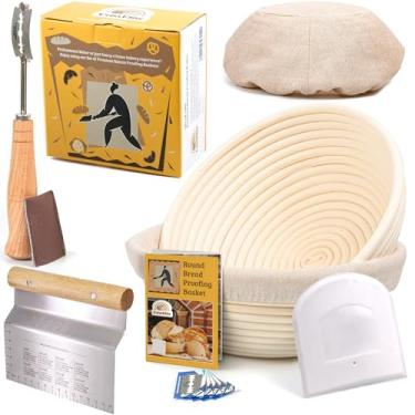 Imagem de Cesto de pão de 22,86 cm redondo com forro – Conjunto de 2 + raspador de pão de e raspador, a tigela de assar ideal para massa de pão e massa de levedura.