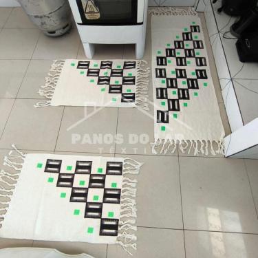 Imagem de Jogo Passadeira Com Nozinho 03 Peças Jogo De Tapete Para Cozinha Geometrico 100% Algodã...