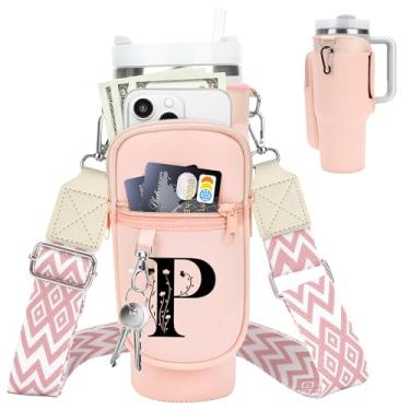 Imagem de LOKASS Para Stanley Cup Accessories Bolsa de transporte de garrafa de água de 1,134 g com bolso para telefone para suporte de copo Stanley com alça, presentes personalizados com inicial floral A-Z
